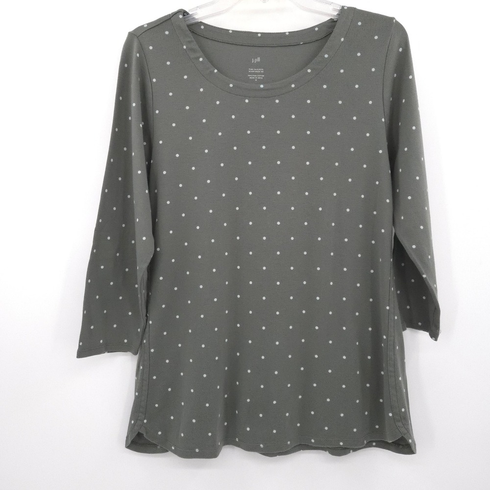 J. Jill Scoop Neck Tee Women Medium Green Polka Dot Pima Cotton‎ 3/4 Sleeve